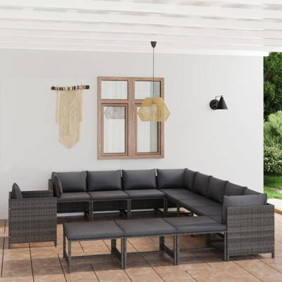 12-delige Loungeset met kussens poly rattan grijs