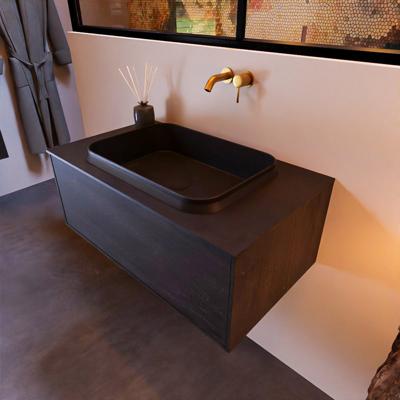 Badkamermeubelset Mondiaz Erin 80 cm met 1 Lade met RIDGE Wastafel Midden Urban Zonder Kraangaten Greeploos Mat Dark Brown