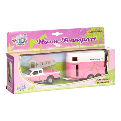 Kids Globe die-cast auto met paardentrailer roze, 1:32