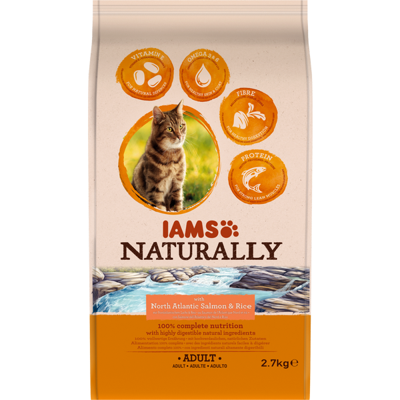 Iams Naturally Adult met zalm & rijst kattenvoer 3 x 2,7 kg