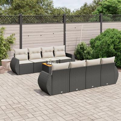 9-delige Loungeset met kussens poly rattan zwart