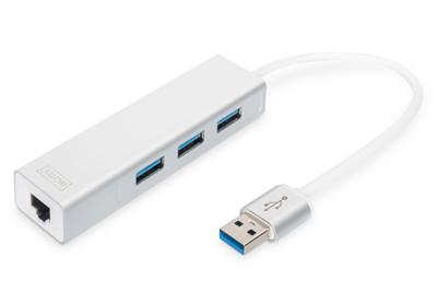 Digitus DA-70250-1 USB 3.0-hub 3 + 1 poorten Met ingebouwde netwerkaansluiting Zilver