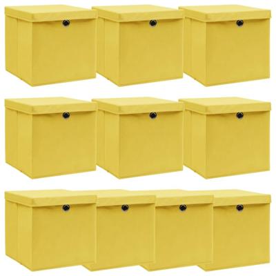 VidaXL Opbergboxen met deksel 10 st 32x32x32 cm stof geel VidaXL Opbergboxen met deksel 10 st 32x32x32 cm stof geel