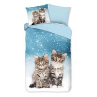 Good Morning Kinderdekbedovertrek "poezen" - Blauw - (140x200/220 cm) - Katoen Flanel - thumbnail