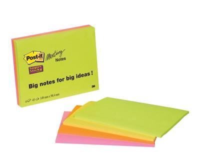 Post-It Super Sticky Meeting notes, 45 vel, ft 101 x 152 mm, geassorteerde kleuren, pak van 4 blokken Post-It Super Sticky Meeting notes, 45 vel, ft 101 x 152 mm, geassorteerde kleuren, pak van 4 blokken