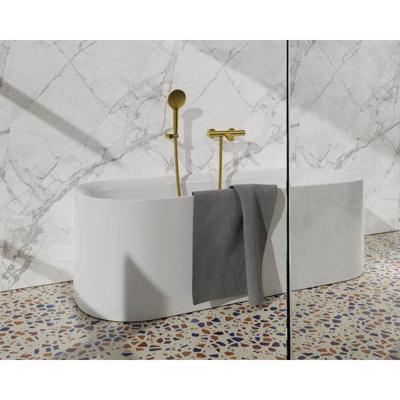 Fortifura Calvi Thermostatische badkraan met ronde handdouche, handdouchehouder en metalen doucheslang Geborsteld Messing PVD (Goud) SW799449/SW720567/SW720226/SW706206