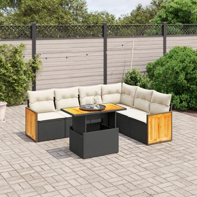 7-delige Loungeset met kussens poly rattan zwart
