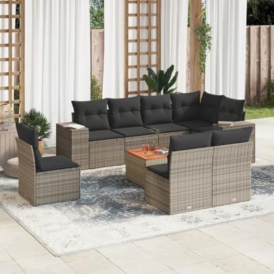 9-delige Loungeset met kussens poly rattan grijs