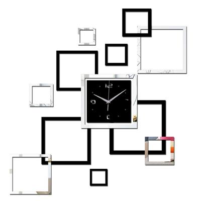 Woonkamer muur klok creatieve klok acryl DIY spiegel muur stickers decoratieve zwart zilver vierkant DIY klok