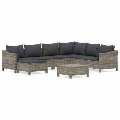 8-delige Loungeset met kussens poly rattan grijs