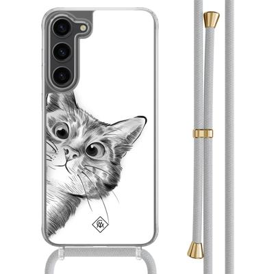 Samsung Galaxy S23 Plus hoesje met grijs koord - Peekaboo kat