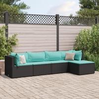 5-delige Loungeset met kussens poly rattan zwart - thumbnail