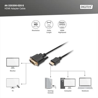 Digitus AK-330300-020-S HDMI-kabel HDMI / DVI Adapterkabel HDMI-A-stekker, DVI-D 18+1-polige stekker 2.00 m Zwart Schroefbaar