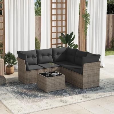 6-delige Loungeset met kussens poly rattan grijs - thumbnail