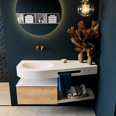 MONDIAZ RIVA 120cm badmeubel onderkast / planchet kleur Washed_Oak met 1 lade. Wastafel DULCET links 0 kraangaten kleur Talc.