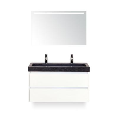 Dante Badmeubelset 100 cm - Wit Hoogglans - Wastafel Hardsteen Wit Lucca 2 kraangaten - met Sence Spiegel