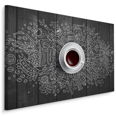 Schilderij - Wit kopje koffie op Zwarte Tafel, premium Print