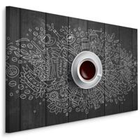 Schilderij - Wit kopje koffie op Zwarte Tafel, premium Print - thumbnail