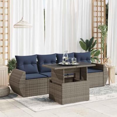 5-delige Loungeset met kussens poly rattan acacia grijs