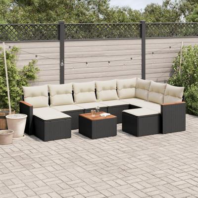 10-delige Loungeset met kussens poly rattan zwart