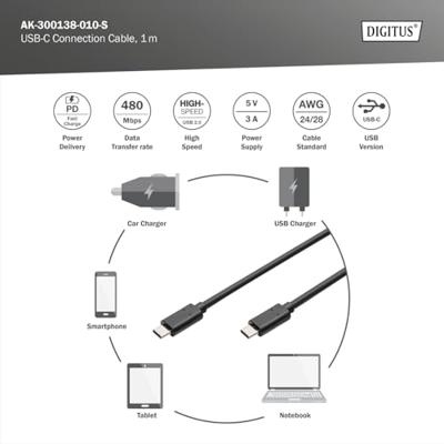 Digitus AK-300138-010-S USB-kabel USB 2.0 USB-C stekker, USB-C stekker 1.00 m Zwart Stekker past op beide manieren