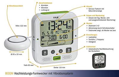 TFA Dostmann 60.2538.02 Wekker Zendergestuurd Wit, Groen Alarmtijden 2 Trilalarm, Extra luid wekgeluid, Groot display