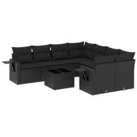9-delige Loungeset met kussens poly rattan zwart - thumbnail