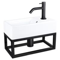 Differnz Force fonteinset - 40x22x11.5cm - Rechthoek - 1 kraangat - Gebogen matte zwarte kraan - met zwart frame - Keramiek Wit 38.401.56 - thumbnail