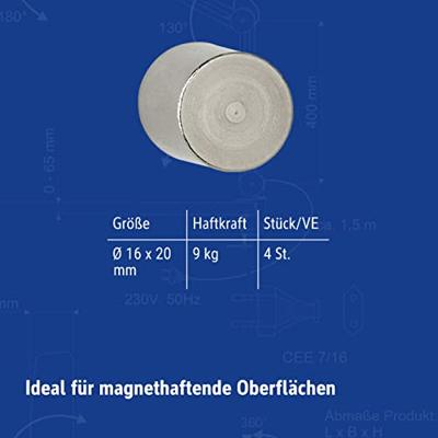 MAUL neodymium cylinder magneet, ft 16 x 20 mm, trekkracht 9 kg, zilver, blister van 4 stuks