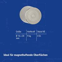 MAUL neodymium cylinder magneet, ft 16 x 20 mm, trekkracht 9 kg, zilver, blister van 4 stuks - thumbnail
