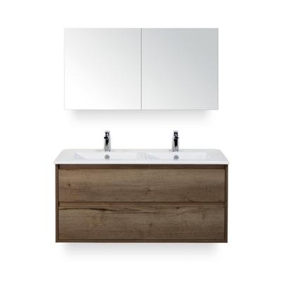 Porto Badmeubelset 120 cm - 2 laden Tabacco - Keramische Wastafel Wit Slim - met Spiegelkast