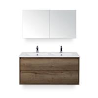 Porto Badmeubelset 120 cm - 2 laden Tabacco - Keramische Wastafel Wit Slim - met Spiegelkast - thumbnail