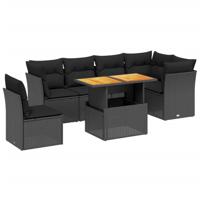 7-delige Loungeset met kussens poly rattan zwart - thumbnail