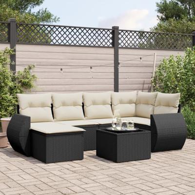 7-delige Loungeset met kussens poly rattan zwart