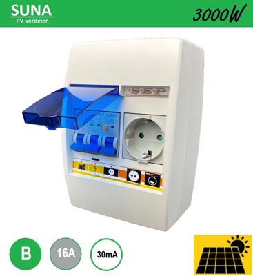 Zonnepanelen verdeler Suna 3000W alamat B16 met stopcontact montage op bestaande inbouwdoos