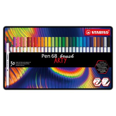 STABILO Pen 68 brush, premium brush viltstift, ARTY metalen etui met 30 kleuren STABILO Pen 68 brush, premium brush viltstift, ARTY metalen etui met 30 kleuren