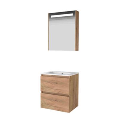 Basic-Line Premium 46 Badkamermeubelset - 60 x 46 cm - Greeploos - 2 Lades - Keramische Wastafel - 1 Kraangat - Spiegelkast met LED Verlichting - Whisky Oak