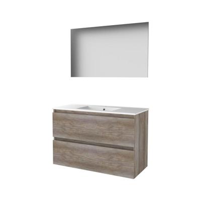 Basic-Line Basic 46 Badkamermeubelset - 100 x 46 cm - Greeploos - 2 Lades - Keramische Wastafel - 1 Kraangat - Spiegel - Scotch Oak