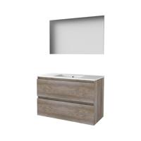 Basic-Line Basic 46 Badkamermeubelset - 100 x 46 cm - Greeploos - 2 Lades - Keramische Wastafel - 1 Kraangat - Spiegel - Scotch Oak - thumbnail