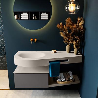 MONDIAZ RIVA 120cm badmeubel onderkast / planchet kleur Dark_Grey met 1 lade. Wastafel DULCET links 0 kraangaten kleur Linen.