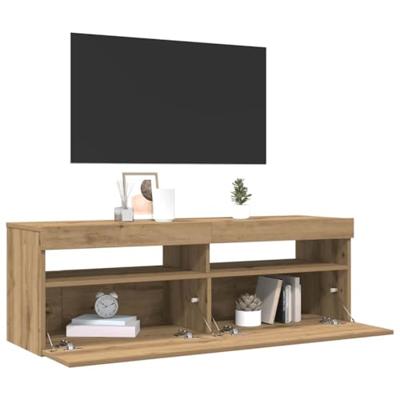 Tv-meubel met LED 120x35x40 cm bewerkt hout artisanaal eiken