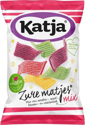 Katja Zure Matjes snoep, mix van aardbei-, appel-, banaan- en cassissmaak, zak van 250 g