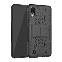 Schokbestendige PC + TPU Tire patroon Case voor Galaxy M10 met houder (zwart) - thumbnail