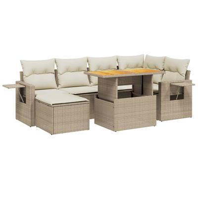 7-delige Loungeset met kussens poly rattan beige