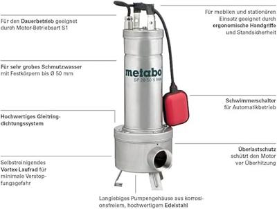 Metabo SP 28-50 S Inox 6.04114.00 Dompelpomp voor vervuild water 28000 l/h 12 m