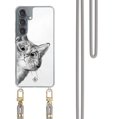 Samsung Galaxy S25 hoesje met grijs koord - Peekaboo kat