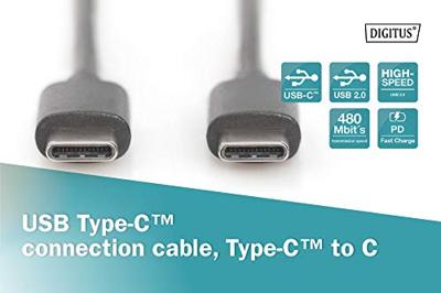 Digitus USB-kabel USB 2.0 USB-C stekker, USB-C stekker 3.00 m Zwart Flexibel, Folie afscherming, Afscherming gevlochten, Afgeschermd, Afgeschermd (dubbel), Met