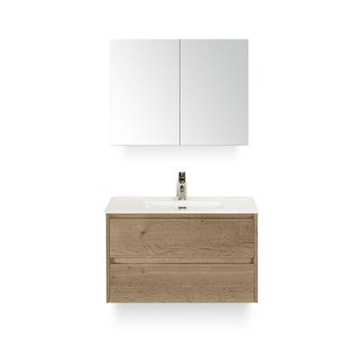 Dante Badmeubelset 80 cm - Natuur Eiken - Keramische Wastafel Wit Cover - met Spiegelkast