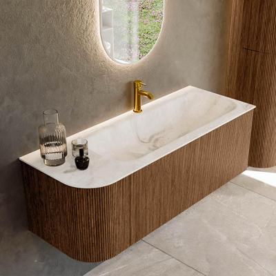 Mondiaz KURVE-DLUX 125 cm Onderkast Greeploos 1 Lade Met Deuren Walnut, Wastafel Solid Surface Rechts Frappe 1 Kraangat Zonder Spiegel (KRVBGM125L1L1D1KR-Wal/Fra)