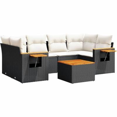7-delige Loungeset met kussens poly rattan zwart